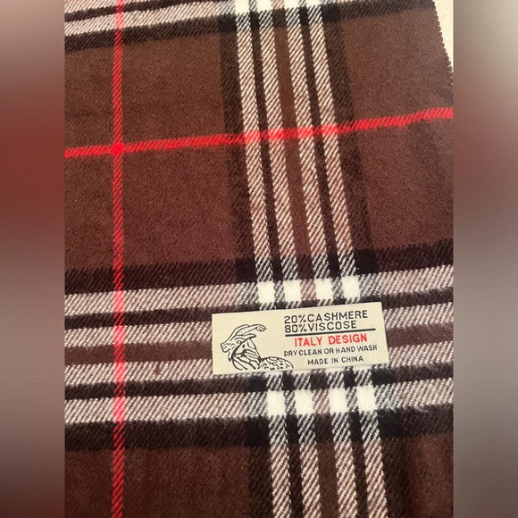 Italy Design Brown Plaid Cashmere Blend Fringe Scarf 12X54’ - Picture 4 of 4